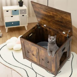 Verstecktes Katzenhaus mit Seitlichem Eingang aus Holz 70 x 52 x 51 cm Rustikales Braun