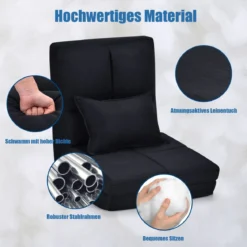 Verstellbarer Bodenstuhl Klappbares Bodensofa mit weichem Kissen Bodensessel Schwarz
