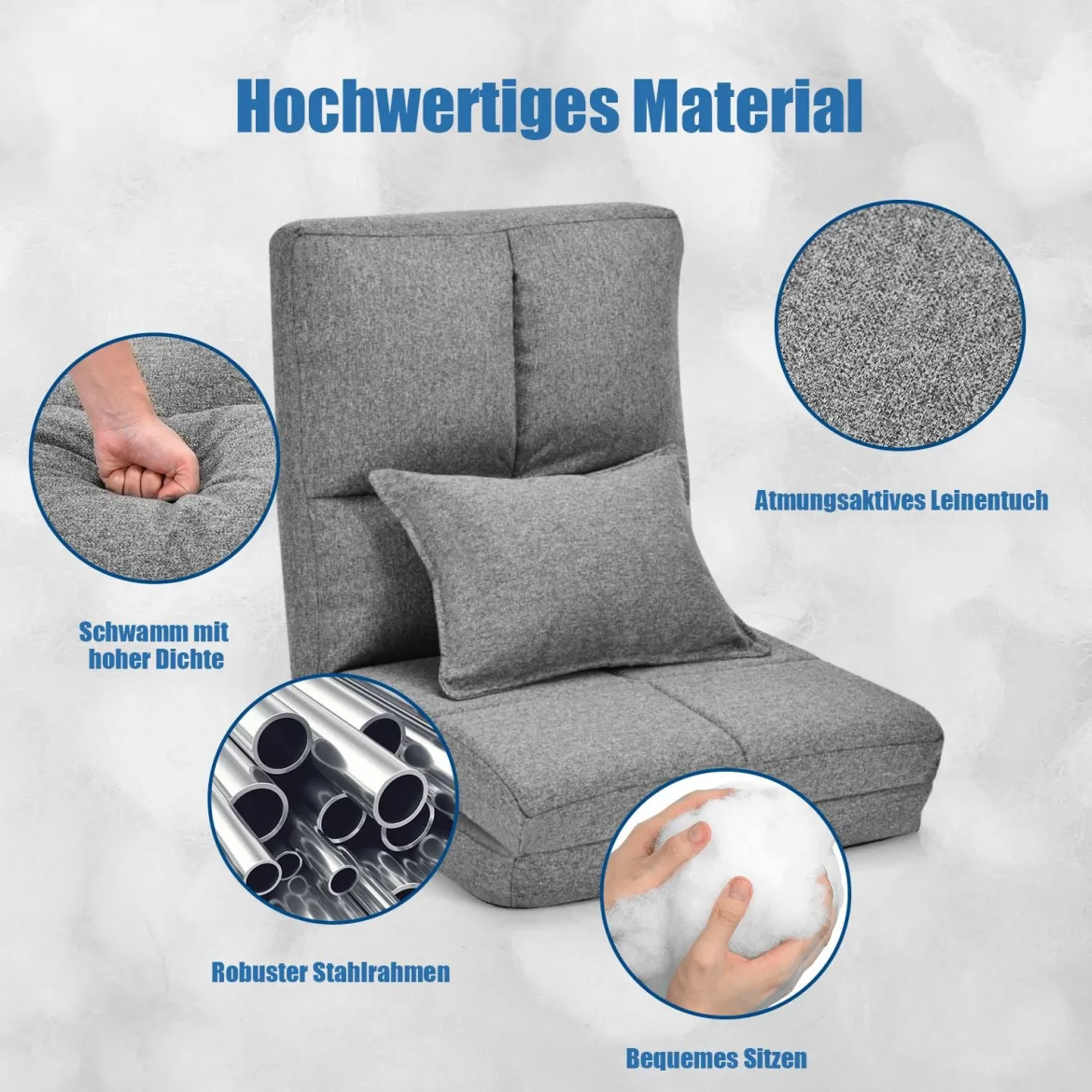 Verstellbarer Bodenstuhl Klappbares Bodensofa mit weichem Kissen Bodensessel Grau