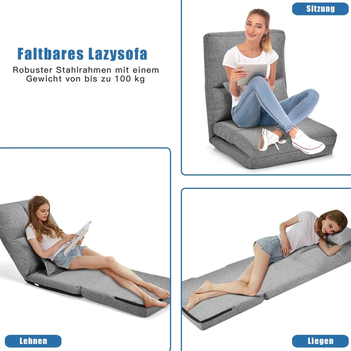 Verstellbarer Bodenstuhl Klappbares Bodensofa mit weichem Kissen Bodensessel Grau