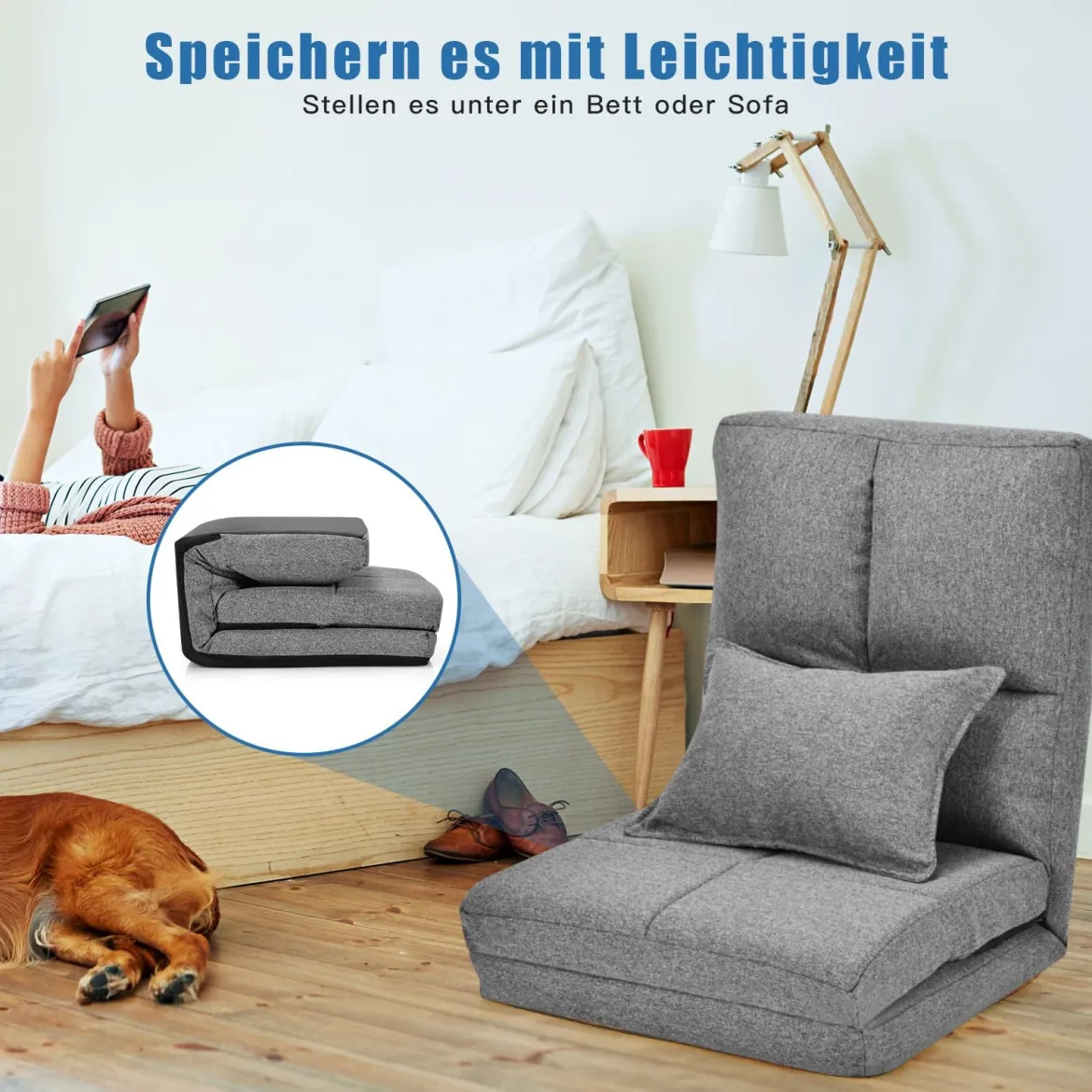 Verstellbarer Bodenstuhl Klappbares Bodensofa mit weichem Kissen Bodensessel Grau