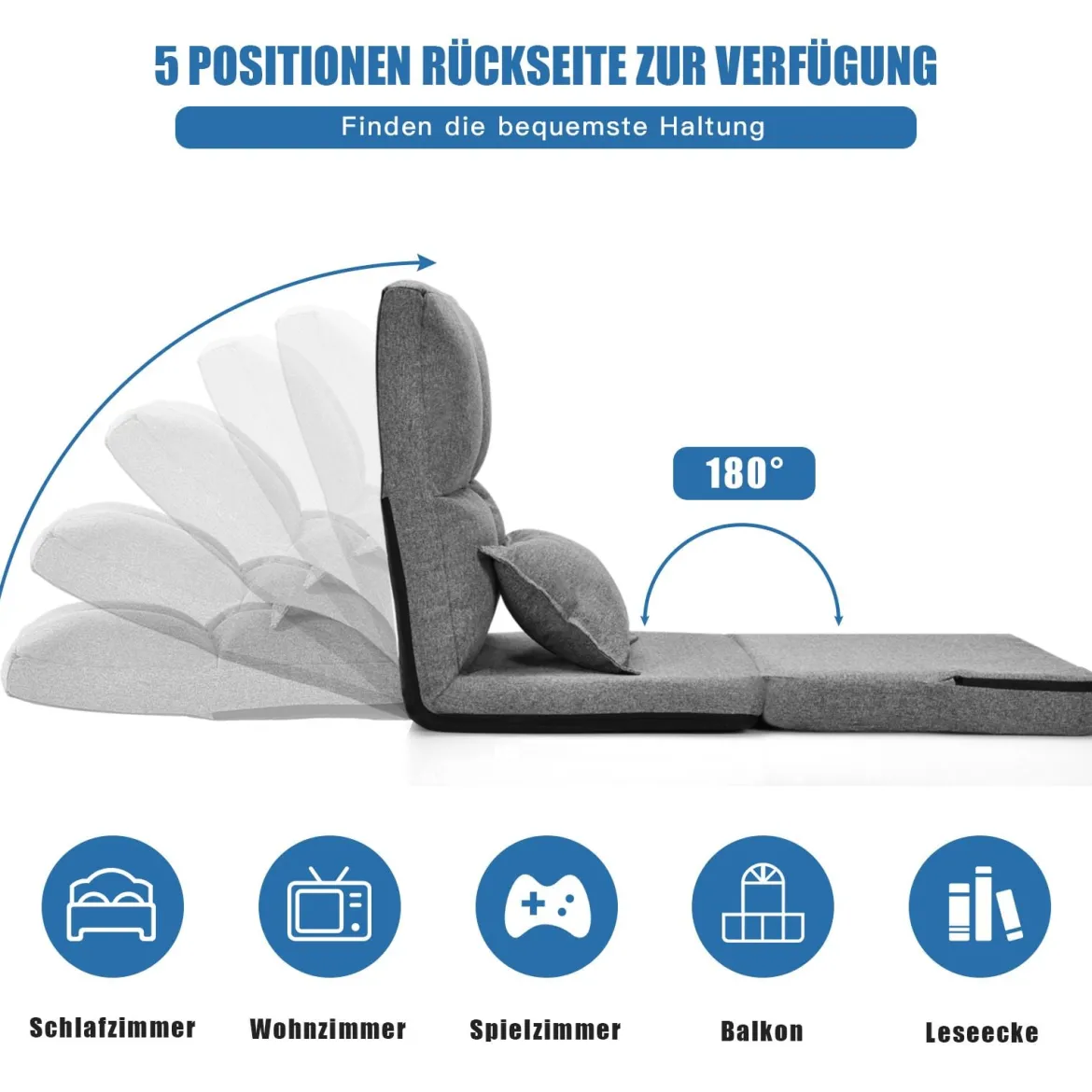 Verstellbarer Bodenstuhl Klappbares Bodensofa mit weichem Kissen Bodensessel Grau