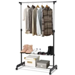 Verstellbarer Kleiderständer mit Rädern und Schuhregalen für Schlafzimmergarderobe Schwarz