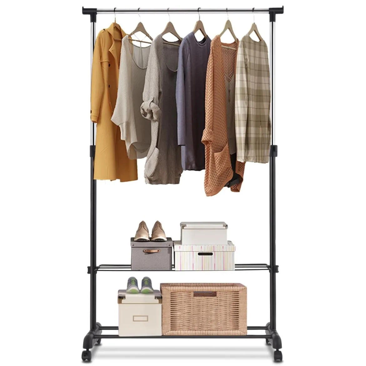 Verstellbarer Kleiderständer mit Rädern und Schuhregalen für Schlafzimmergarderobe Schwarz