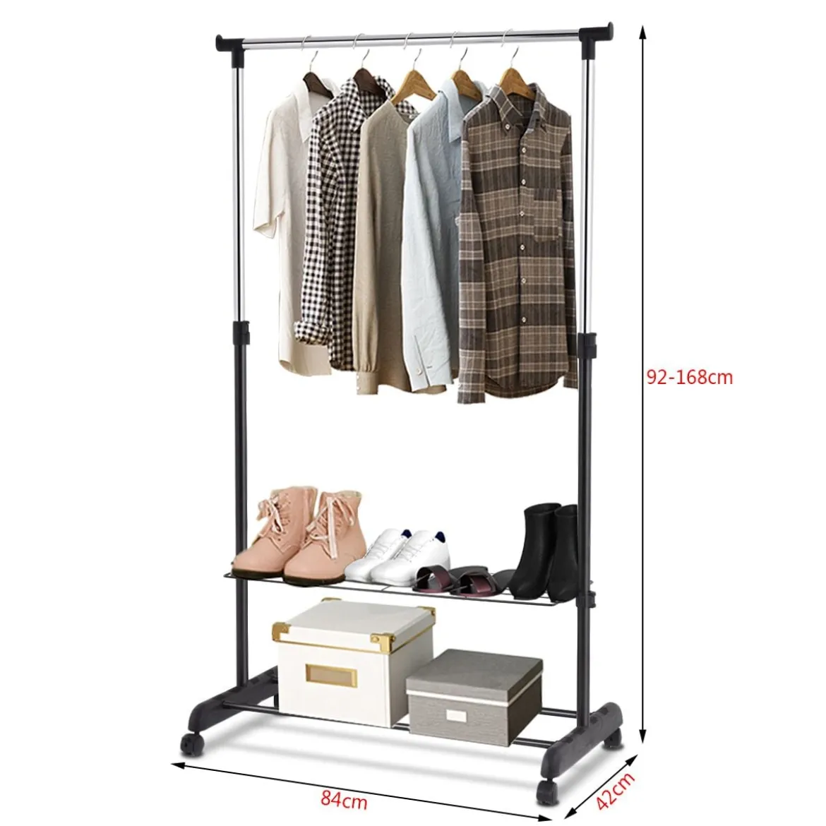 Verstellbarer Kleiderständer mit Rädern und Schuhregalen für Schlafzimmergarderobe Schwarz