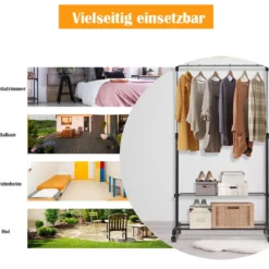 Verstellbarer Kleiderständer mit Rädern und Schuhregalen für Schlafzimmergarderobe Schwarz