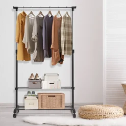 Verstellbarer Kleiderständer mit Rädern und Schuhregalen für Schlafzimmergarderobe Schwarz