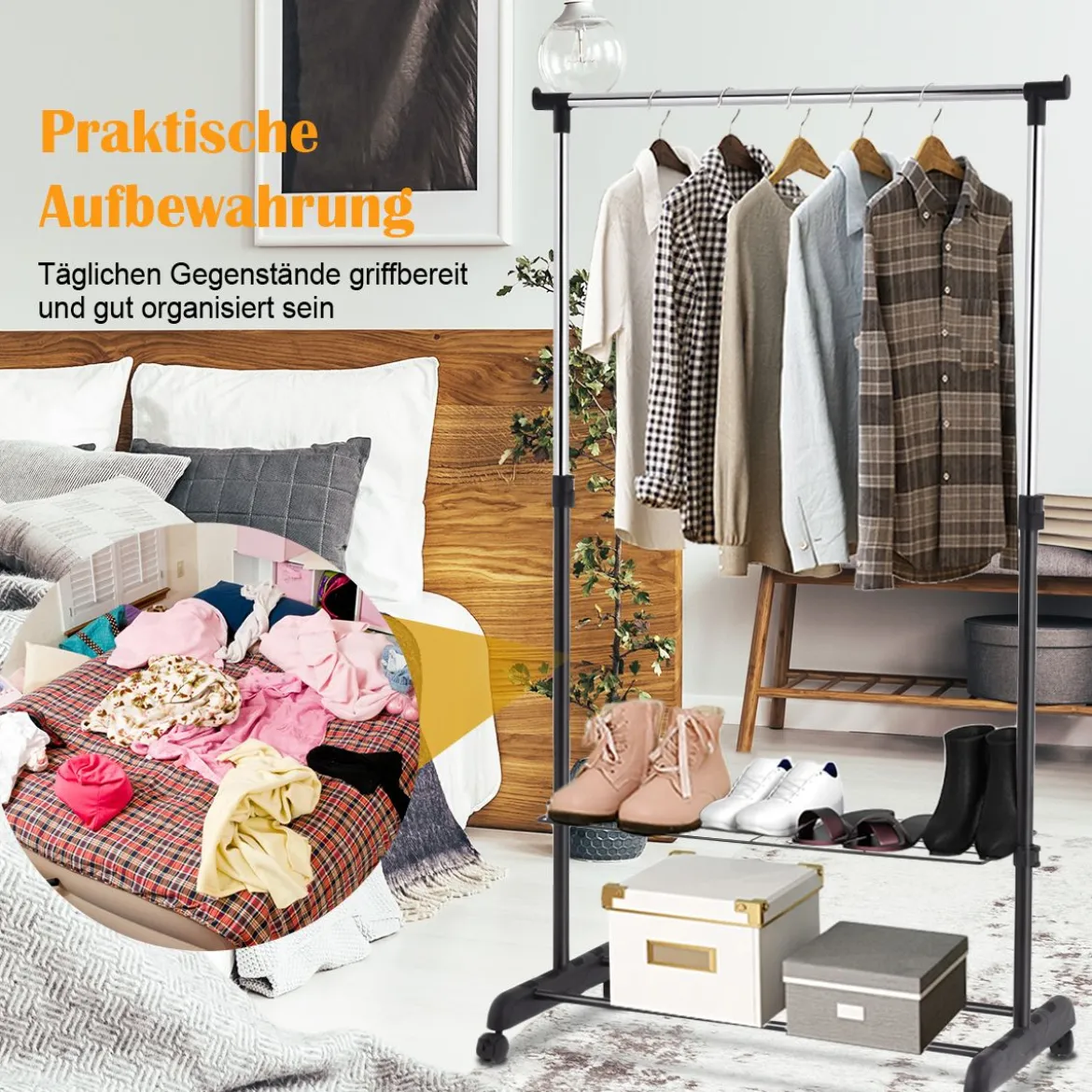 Verstellbarer Kleiderständer mit Rädern und Schuhregalen für Schlafzimmergarderobe Schwarz