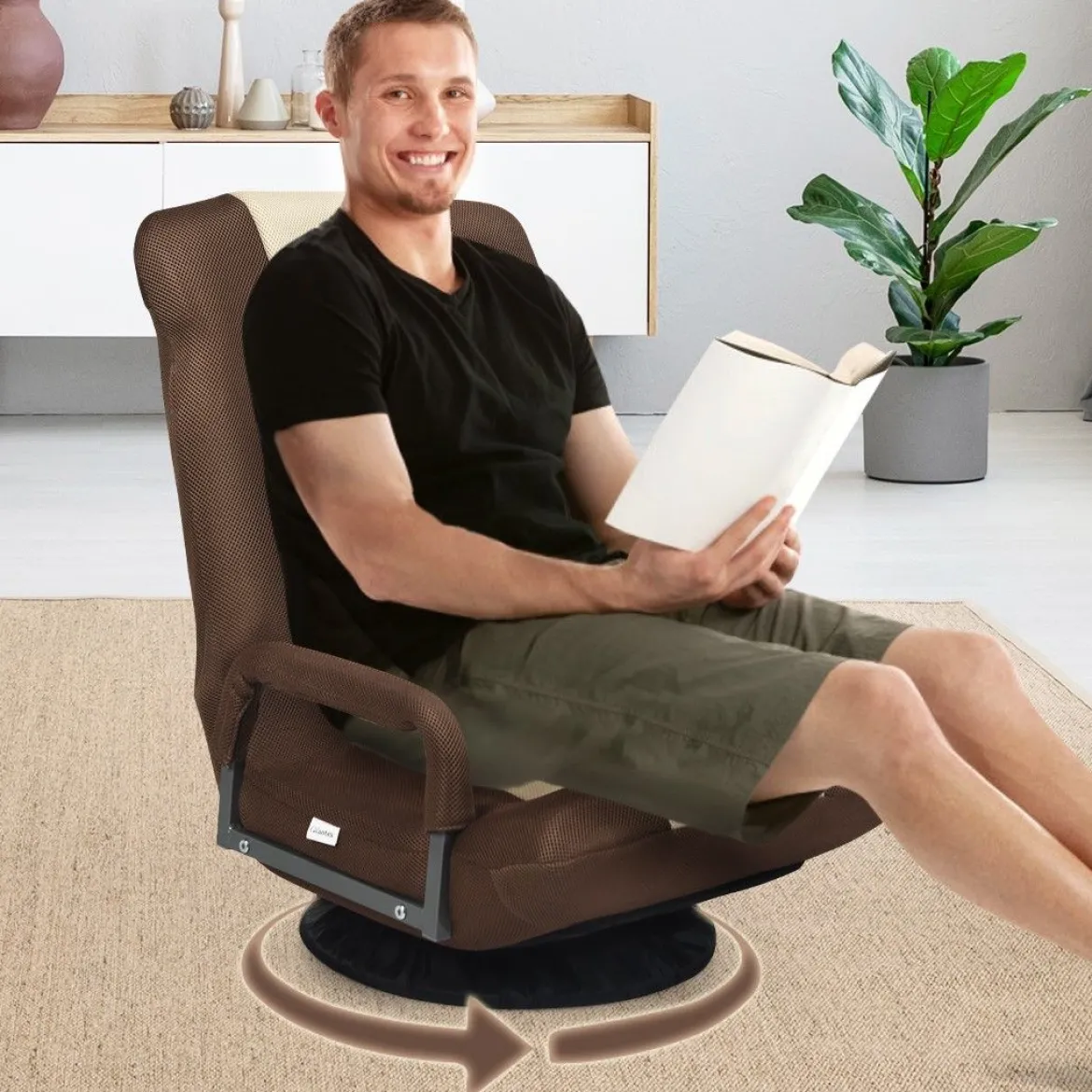 Verstellbarer 6-Positionen-Bodenstuhl Fußbodensessel mit Drehfuß 61-87 x 55 x 75 cm Beide + Braun