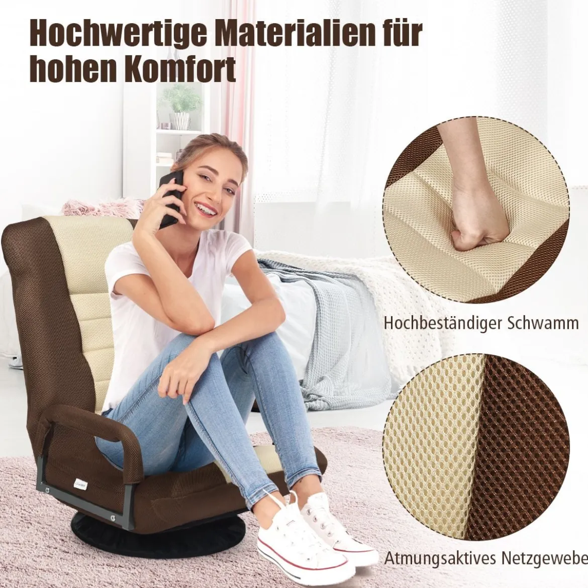 Verstellbarer 6-Positionen-Bodenstuhl Fußbodensessel mit Drehfuß 61-87 x 55 x 75 cm Beide + Braun
