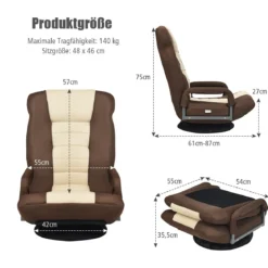 Verstellbarer 6-Positionen-Bodenstuhl Fußbodensessel mit Drehfuß 61-87 x 55 x 75 cm Beide + Braun