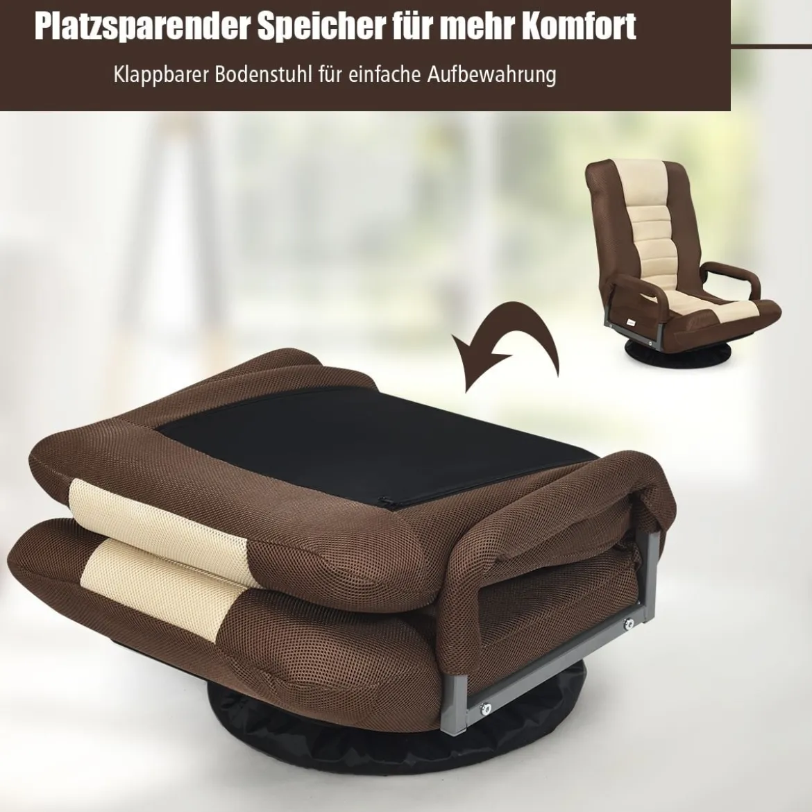 Verstellbarer 6-Positionen-Bodenstuhl Fußbodensessel mit Drehfuß 61-87 x 55 x 75 cm Beide + Braun