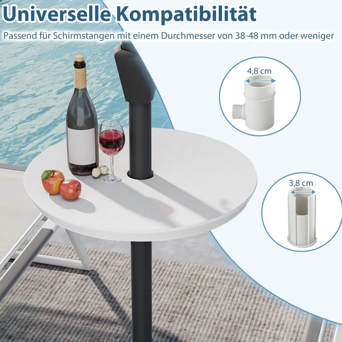 Verstellbarer Sonnenschirm-Tisch mit Schirmloch für 38-48mm Schirmstange Schirmtisch Weiß