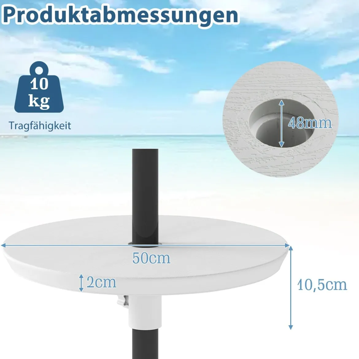 Verstellbarer Sonnenschirm-Tisch mit Schirmloch für 38-48mm Schirmstange Schirmtisch Weiß