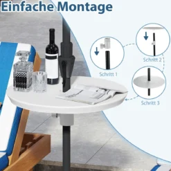 Verstellbarer Sonnenschirm-Tisch mit Schirmloch für 38-48mm Schirmstange Schirmtisch Weiß