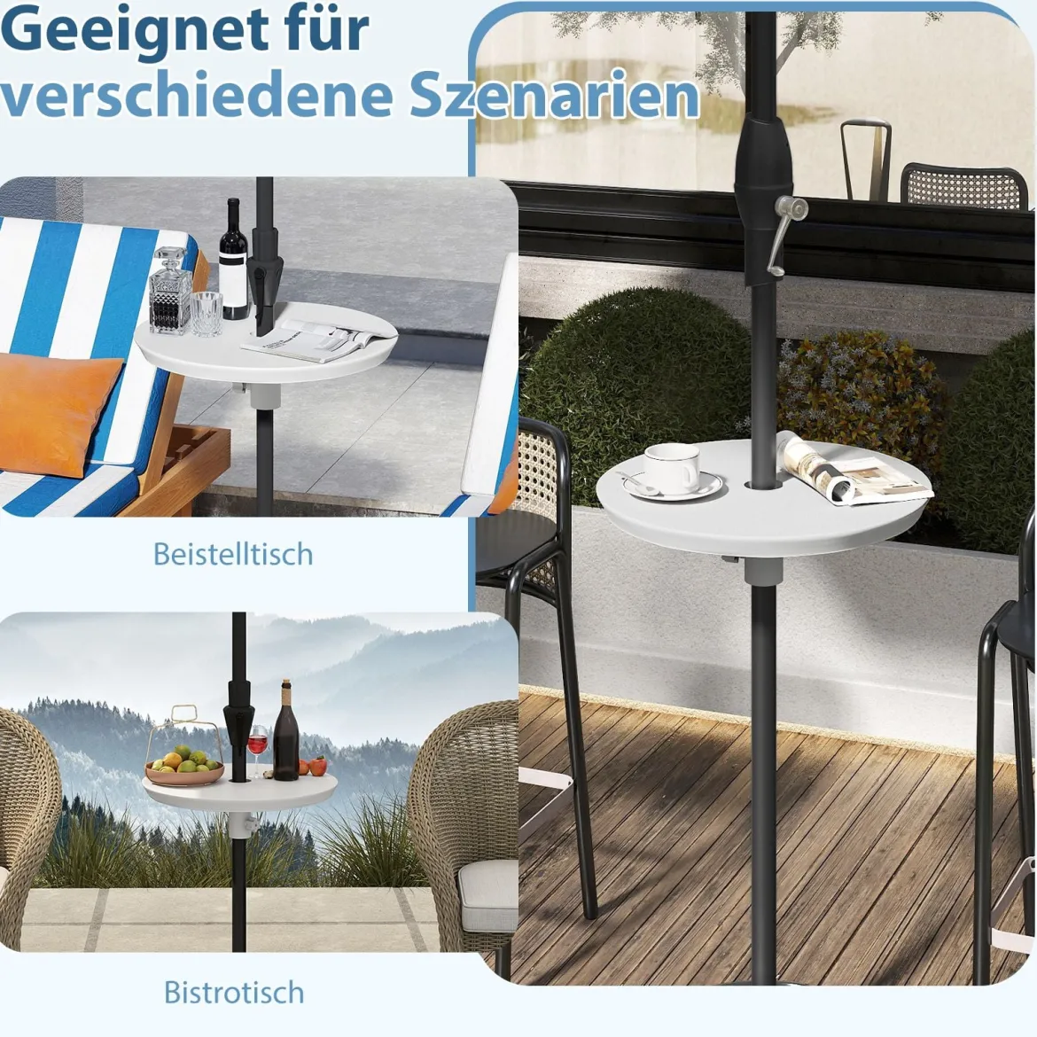 Verstellbarer Sonnenschirm-Tisch mit Schirmloch für 38-48mm Schirmstange Schirmtisch Weiß