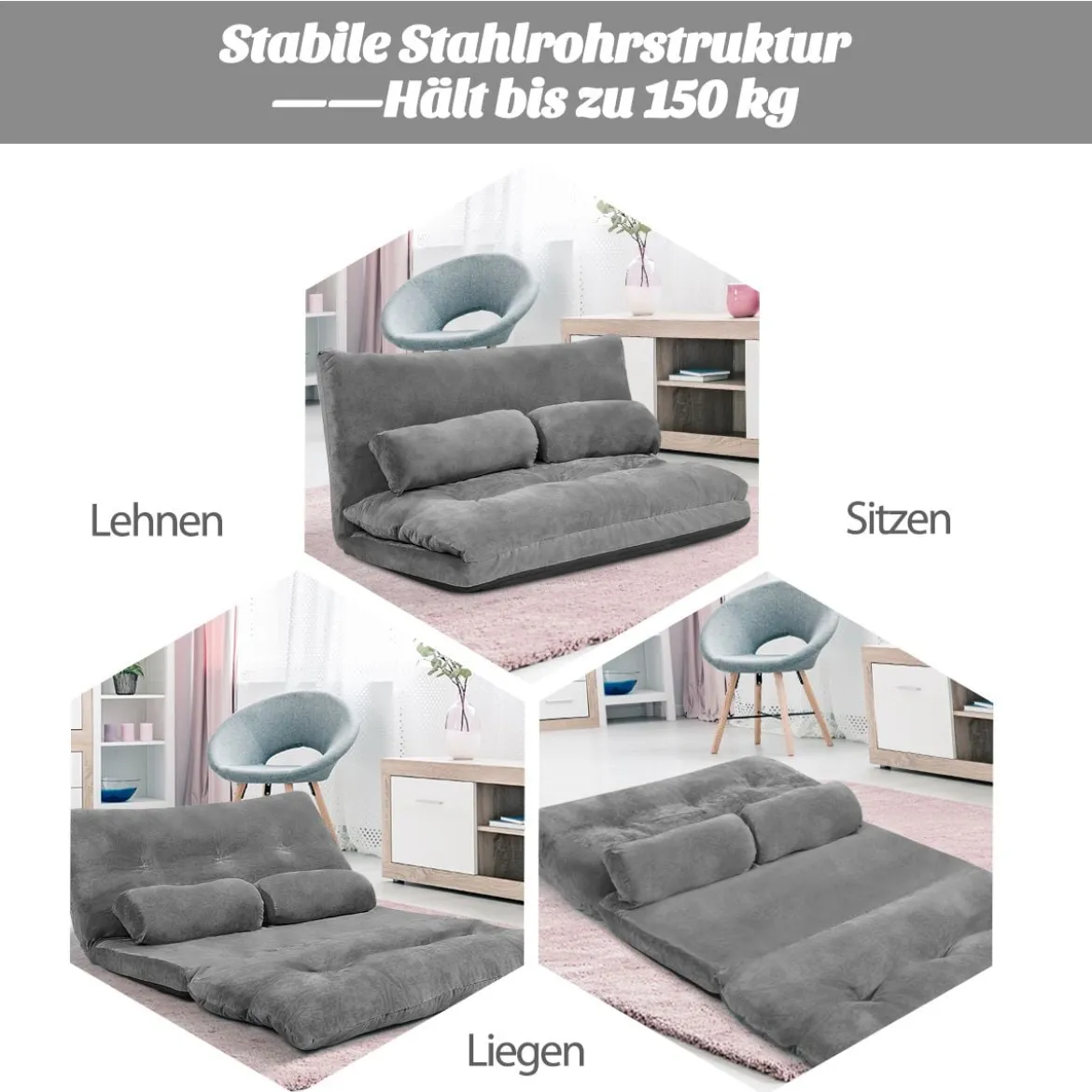 Verstellbares Bodensofa Multifunktionales 6-stufig einstellbar 178 x 98 x 18 cm Grau