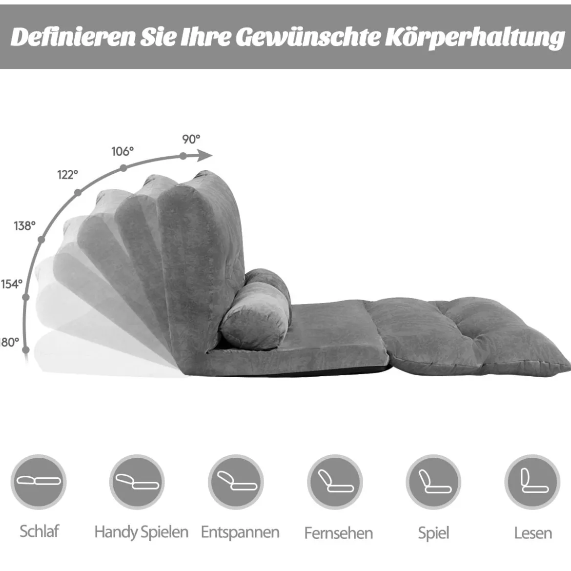Verstellbares Bodensofa Multifunktionales 6-stufig einstellbar 178 x 98 x 18 cm Grau