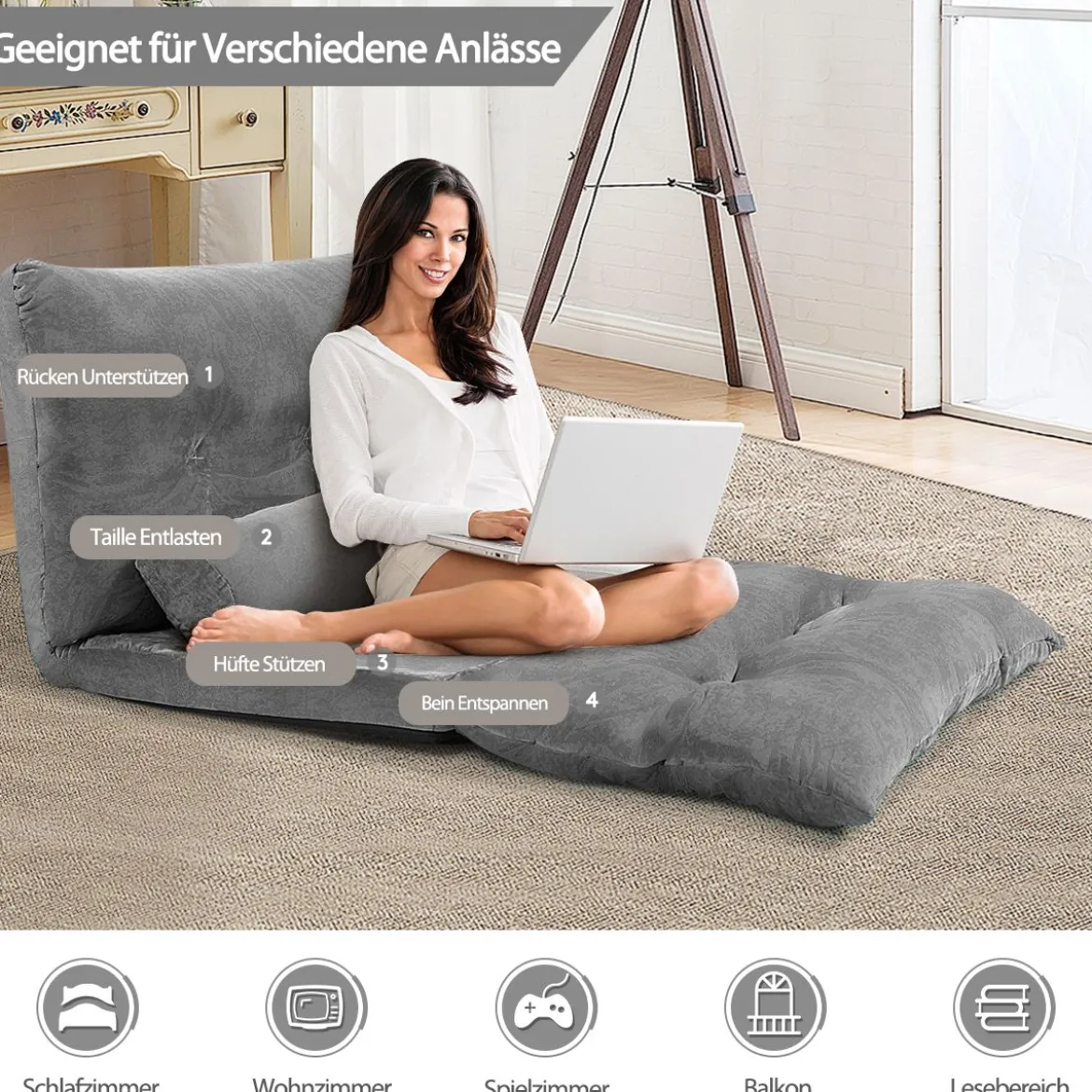 Verstellbares Bodensofa Multifunktionales 6-stufig einstellbar 178 x 98 x 18 cm Grau