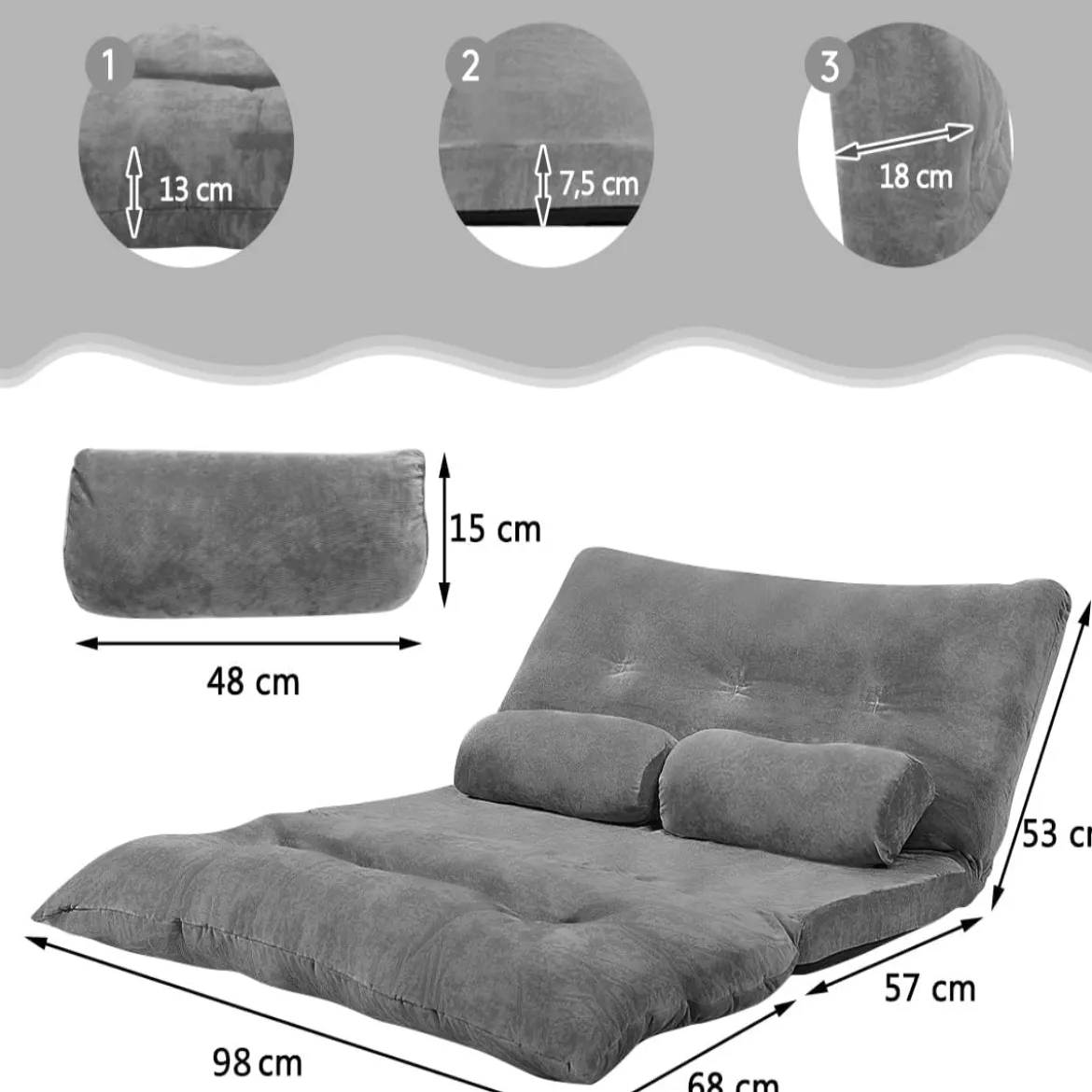 Verstellbares Bodensofa Multifunktionales 6-stufig einstellbar 178 x 98 x 18 cm Grau