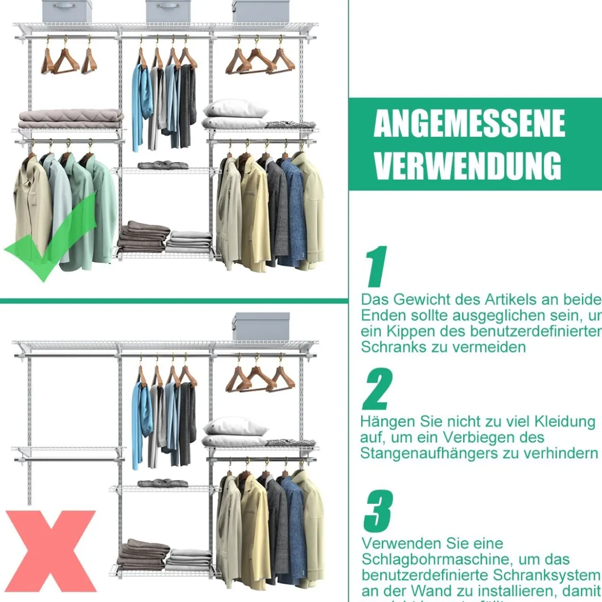 Verstellbares Schranksystem Wandschrank-System mit Kleiderstange einstellbarer Schrank Weiß