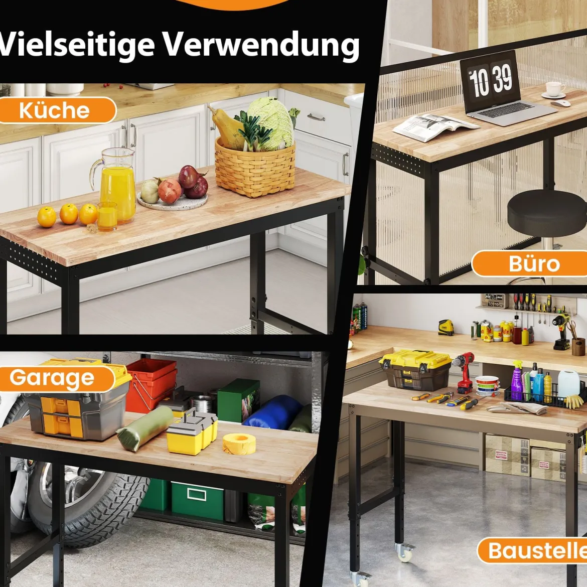 Verstellbare Werkbank mit Rollen & 1100 kg Tragfähigkeit & 2 Lochplatten Computertisch Arbeitstisch