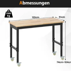 Verstellbare Werkbank mit Rollen & 1100 kg Tragfähigkeit & 2 Lochplatten Computertisch Arbeitstisch