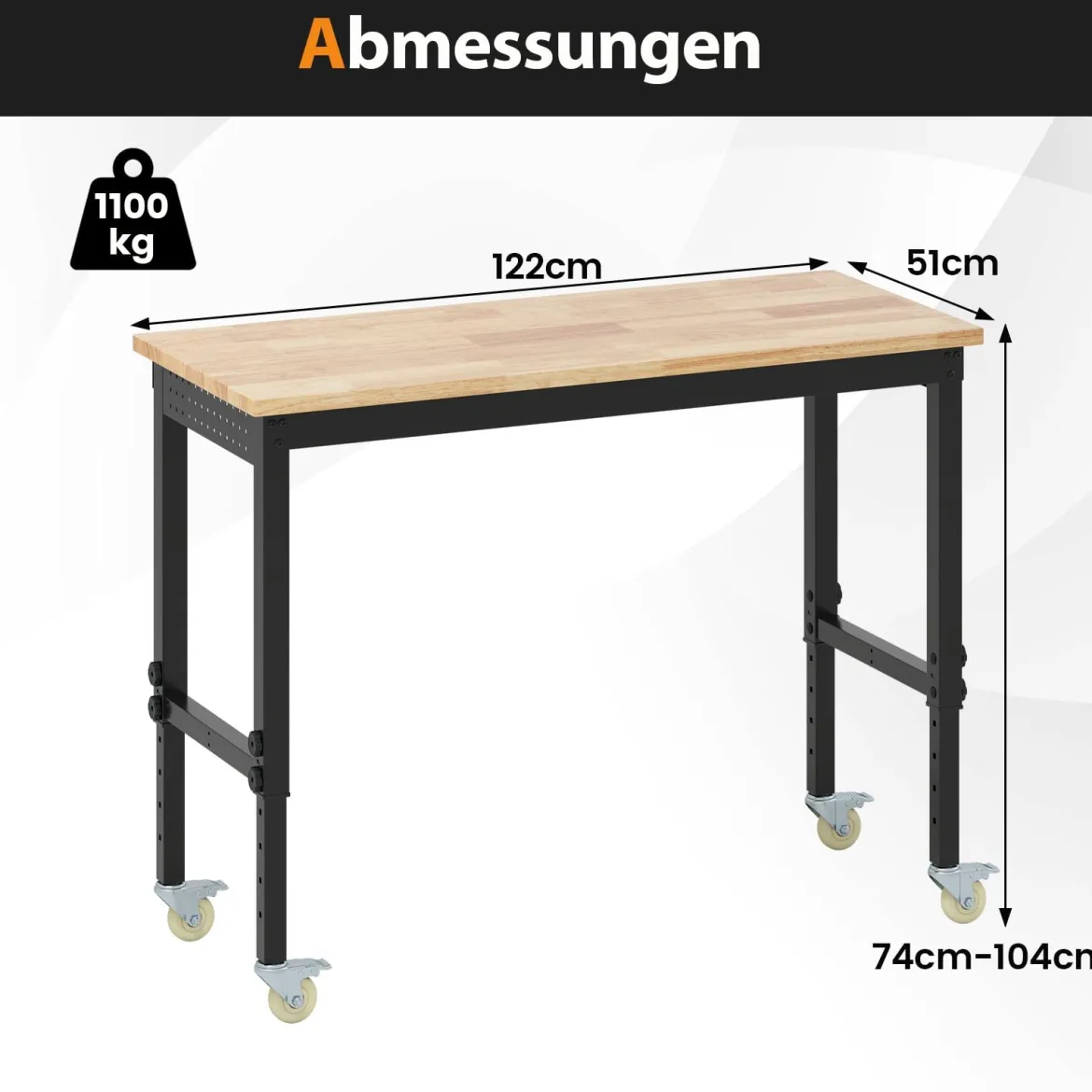 Verstellbare Werkbank mit Rollen & 1100 kg Tragfähigkeit & 2 Lochplatten Computertisch Arbeitstisch