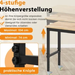 Verstellbare Werkbank mit Rollen & 1100 kg Tragfähigkeit & 2 Lochplatten Computertisch Arbeitstisch