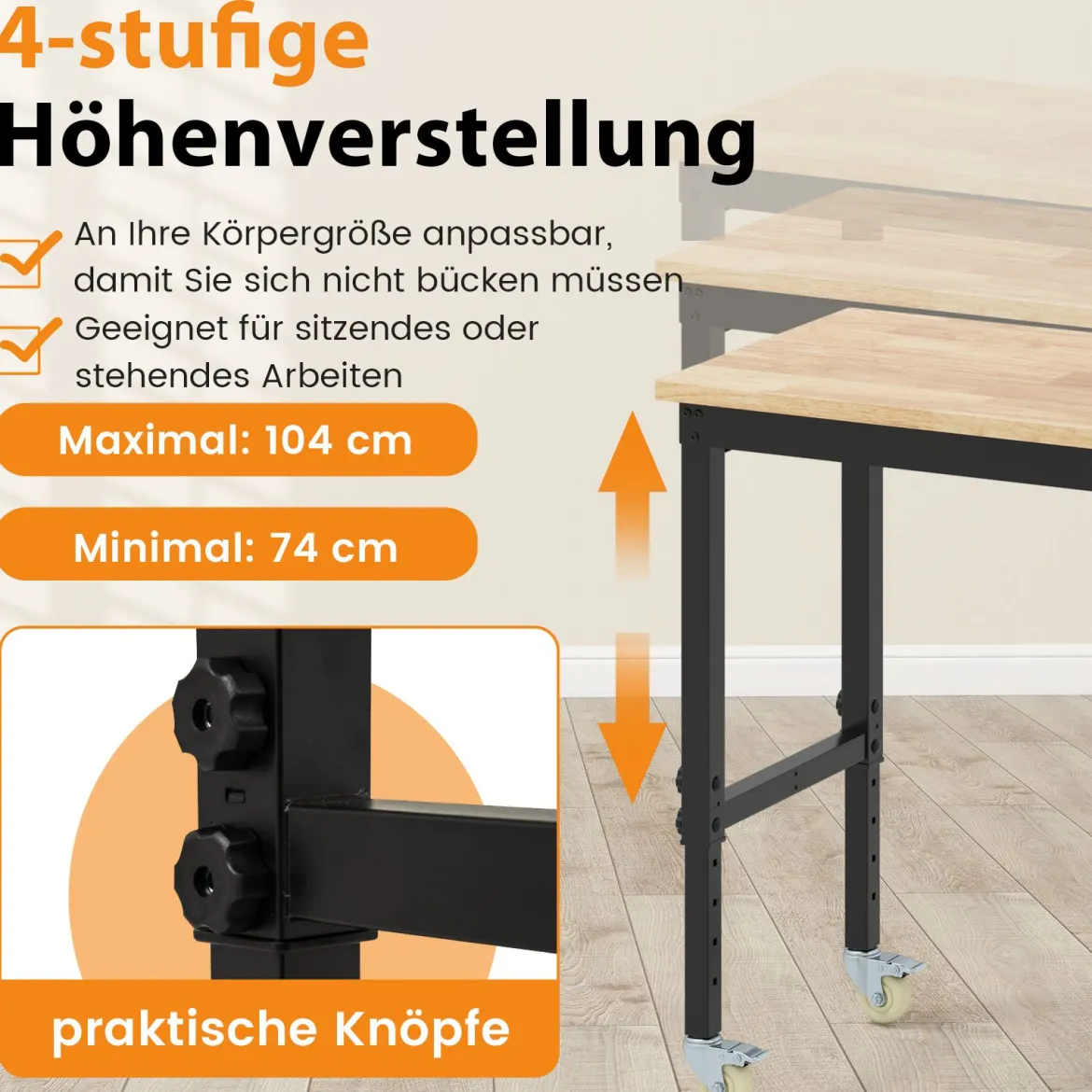Verstellbare Werkbank mit Rollen & 1100 kg Tragfähigkeit & 2 Lochplatten Computertisch Arbeitstisch