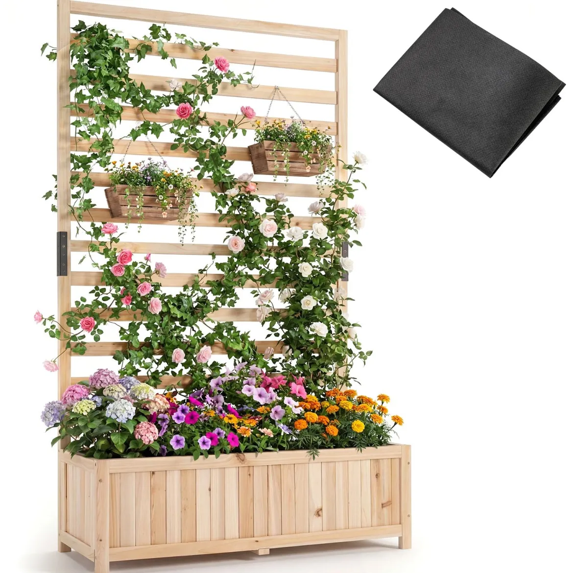 Vertikales Hochbeet aus Fichtenholz mit Spalier & Drainage Blumenkasten mit Sichtschutz Natur