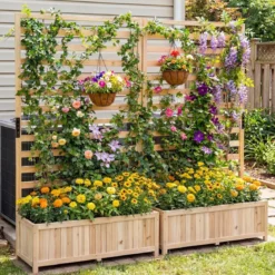 Vertikales Hochbeet aus Fichtenholz mit Spalier & Drainage Blumenkasten mit Sichtschutz Natur