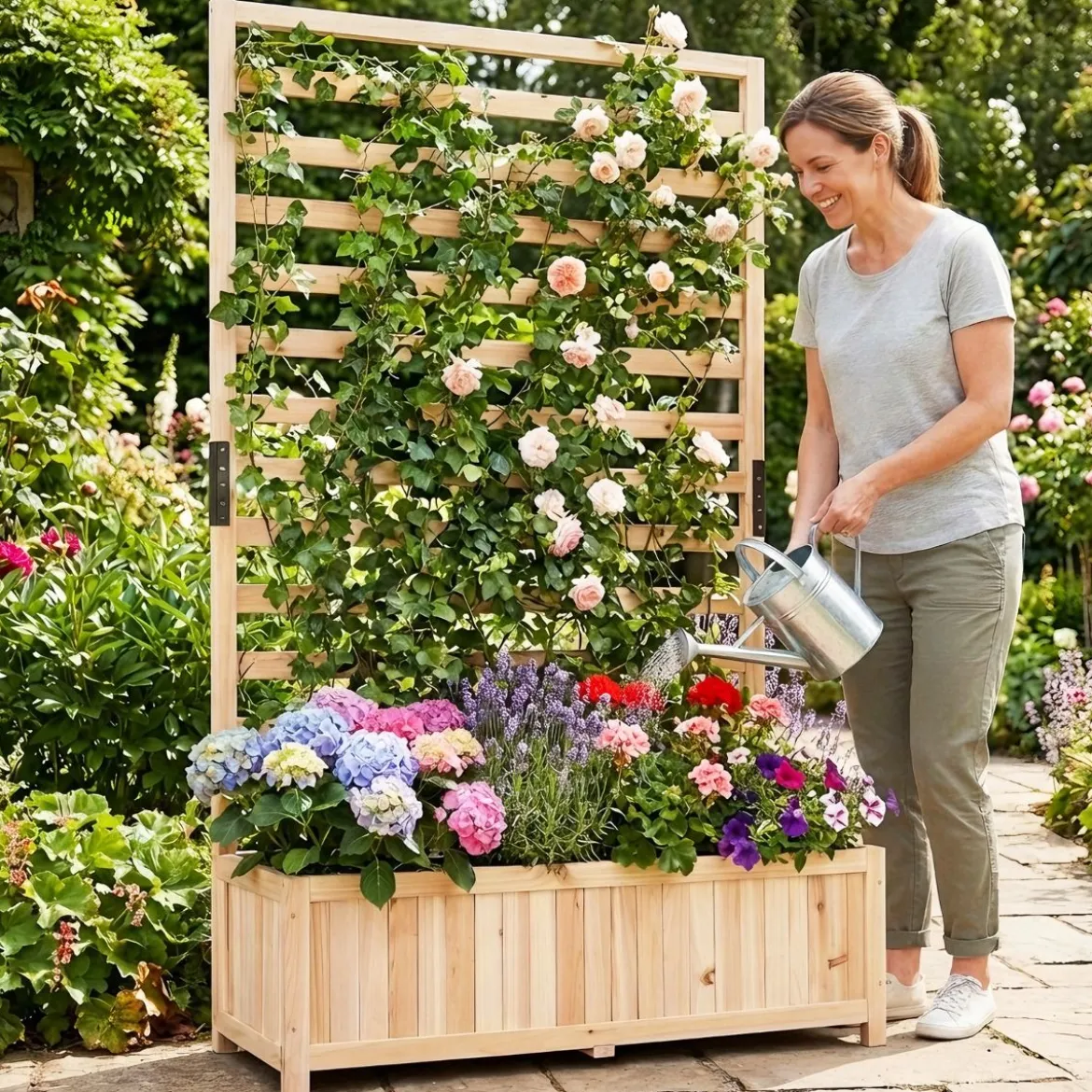 Vertikales Hochbeet aus Fichtenholz mit Spalier & Drainage Blumenkasten mit Sichtschutz Natur