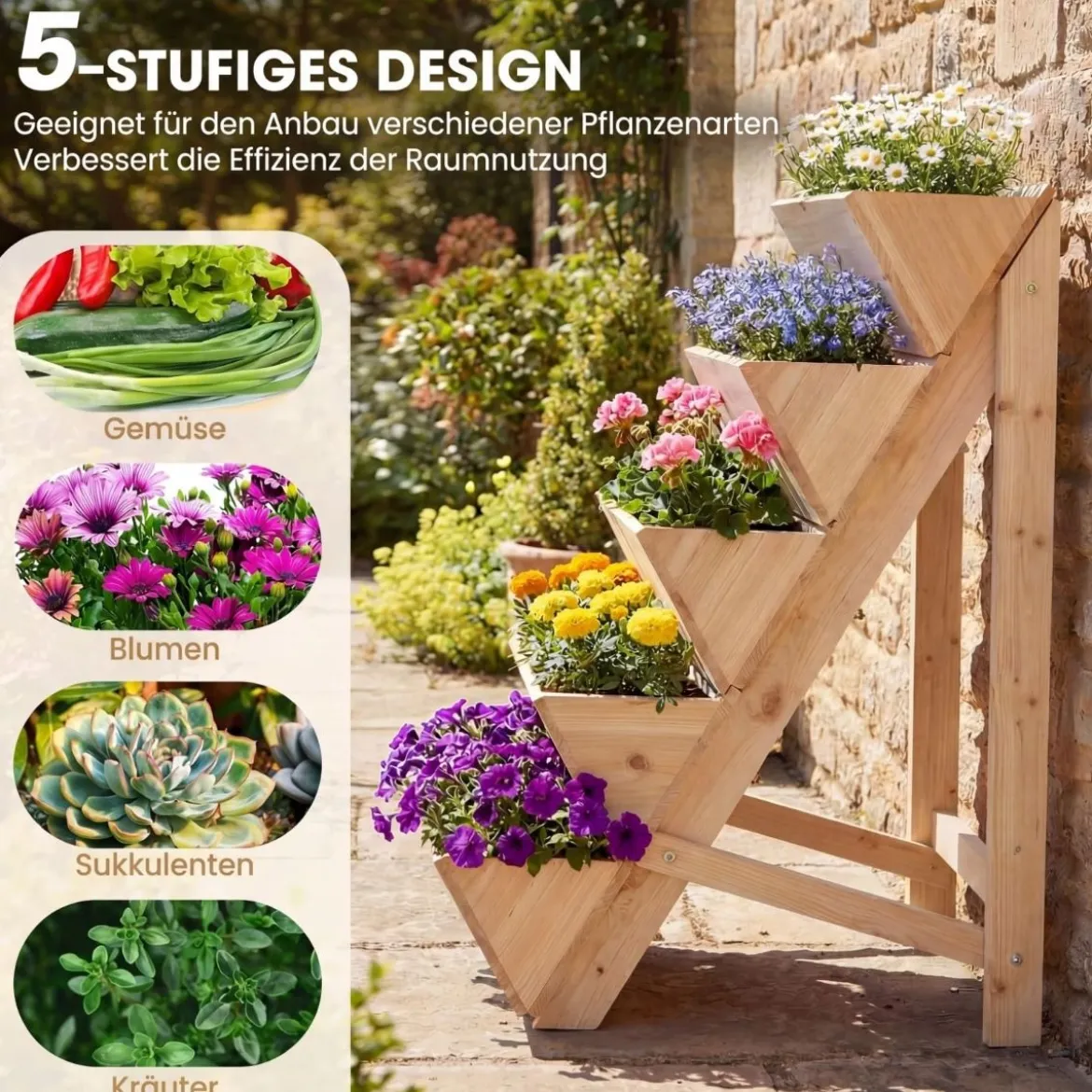 Vertikales Hochbeet mit 5 Etagen aus Tannenholz Blumenbeet mit Pflanzkästen Blumentreppe Natur