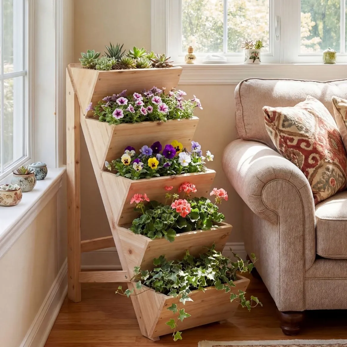 Vertikales Hochbeet mit 5 Etagen aus Tannenholz Blumenbeet mit Pflanzkästen Blumentreppe Natur