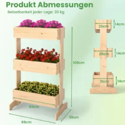 Vertikales Hochbeet mit 3 Etagen Blumenbeet mit 3 Pflanzkästen Gartenbeet Tannenholz Natur 69 x 39 x 109 cm