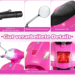 VESPA Kinder Motorrad mit LED-Scheinwerfer & Hupe Elektro Kindermotorrad Elektrofahrzeug Pink