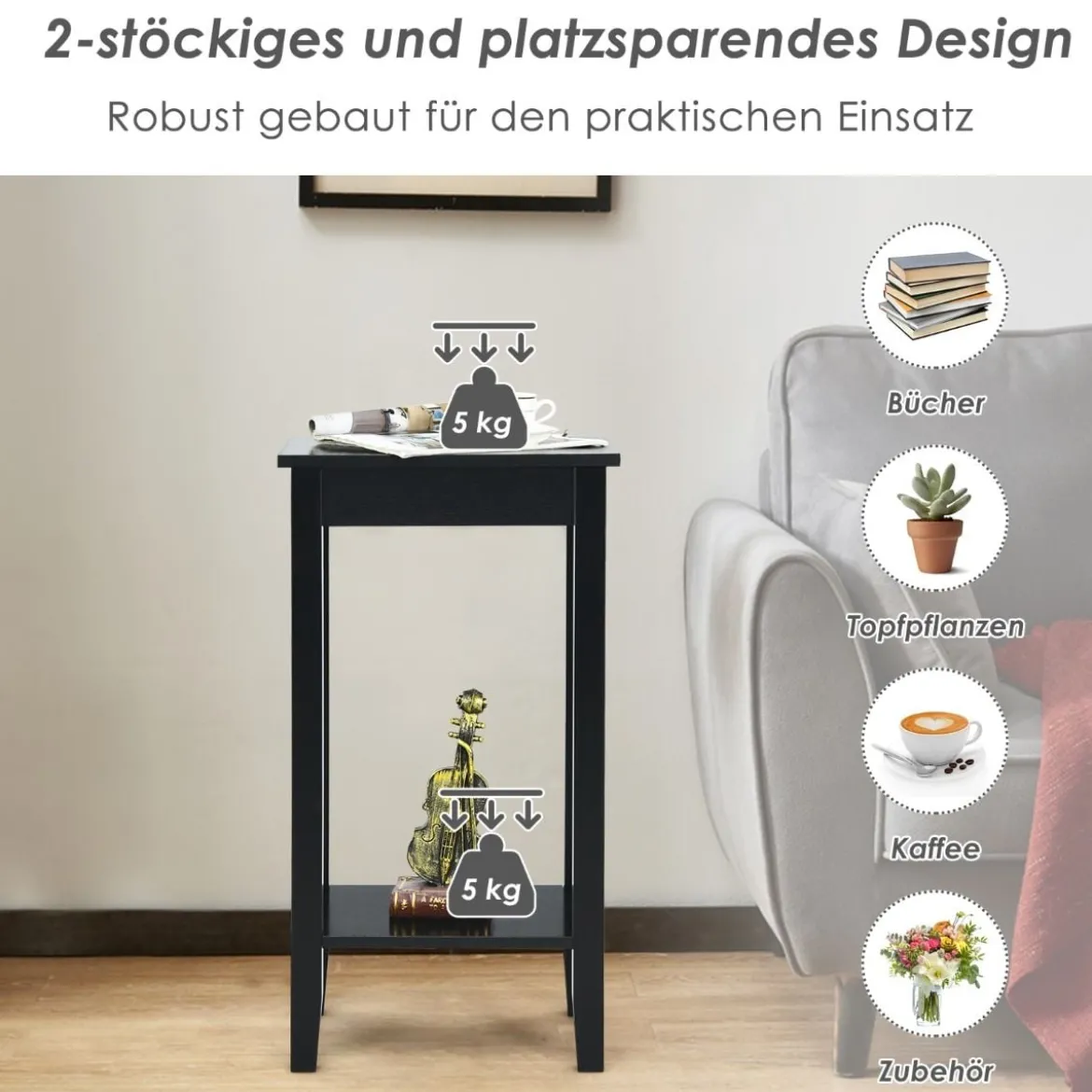 Vielseitiger 2-stöckiger hoher Beistelltisch Rechteckiger Couchtisch Schwarz