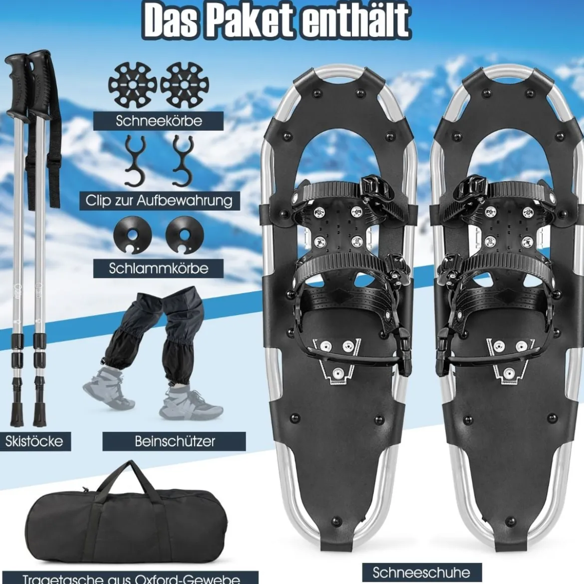 Vielseitiges Schneeschuhe-Set 53 cm ergonomische Schneeschuhe mit Doppel-Ratschenbindungssystem Silber