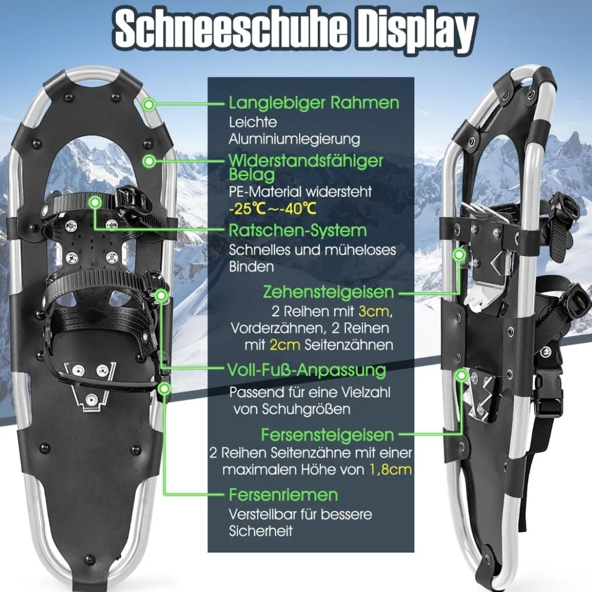 Vielseitiges Schneeschuhe-Set 53 cm ergonomische Schneeschuhe mit Doppel-Ratschenbindungssystem Silber