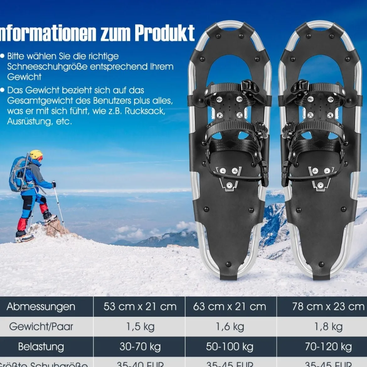 Vielseitiges Schneeschuhe-Set 63 cm ergonomische Schneeschuhe mit Doppel-Ratschenbindungssystem Silber