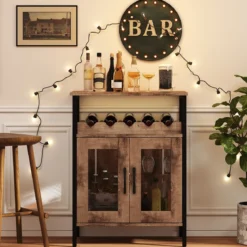 Vintage Weinschrank mit Abnehmbarem Weinregal & Integrierten Glashaltern Hellbraun