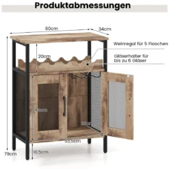 Vintage Weinschrank mit Abnehmbarem Weinregal & Integrierten Glashaltern Hellbraun