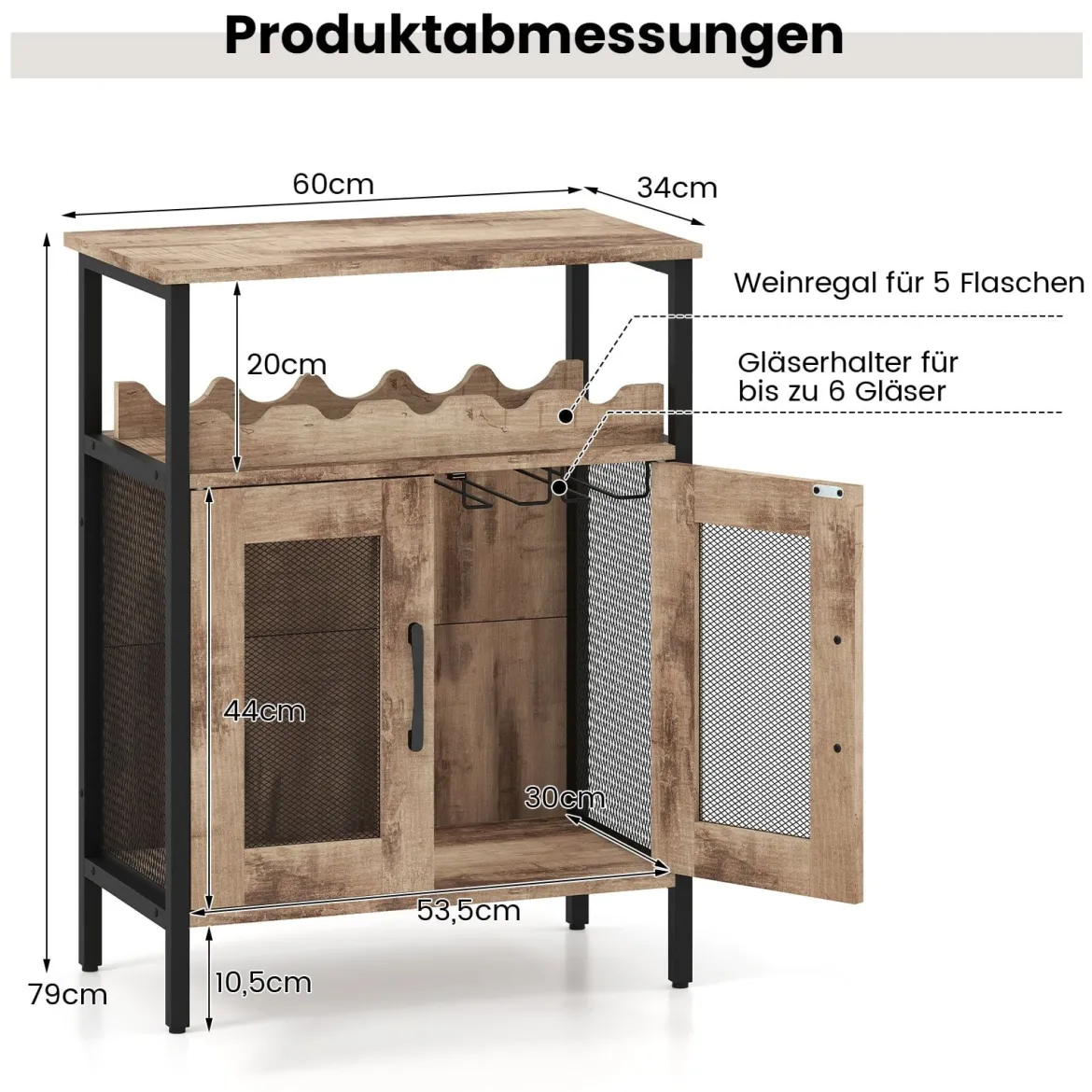 Vintage Weinschrank mit Abnehmbarem Weinregal & Integrierten Glashaltern Hellbraun