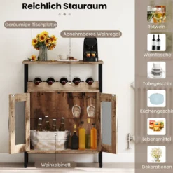 Vintage Weinschrank mit Abnehmbarem Weinregal & Integrierten Glashaltern Hellbraun