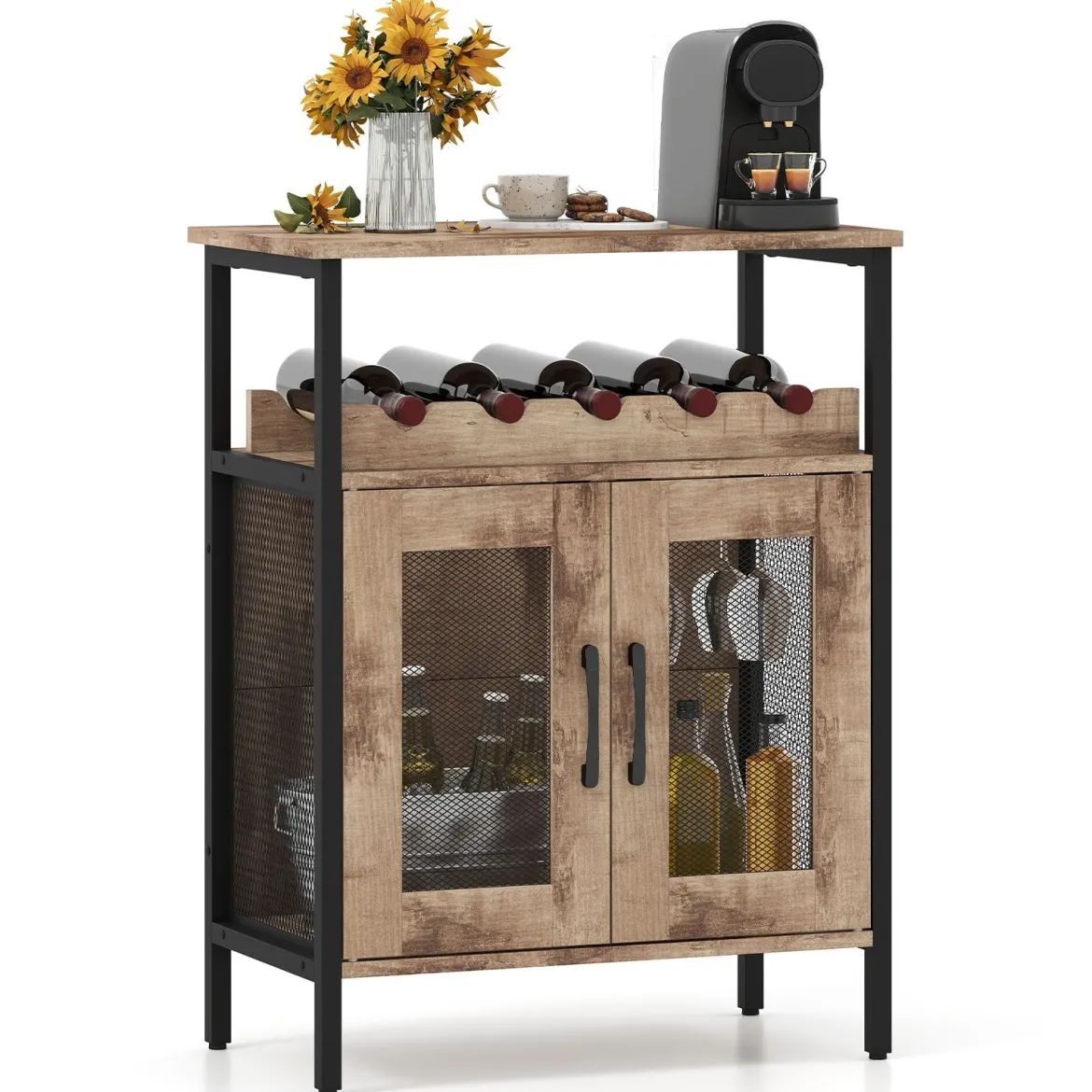 Vintage Weinschrank mit Abnehmbarem Weinregal & Integrierten Glashaltern Hellbraun