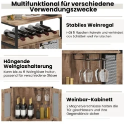 Vintage Weinschrank mit Abnehmbarem Weinregal & Integrierten Glashaltern Hellbraun