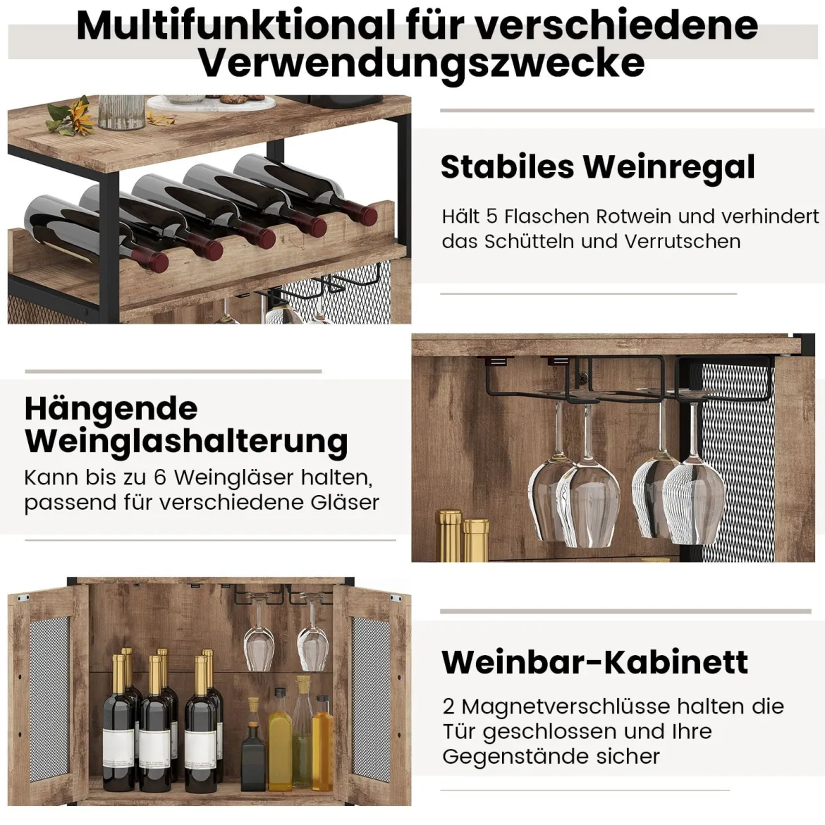 Vintage Weinschrank mit Abnehmbarem Weinregal & Integrierten Glashaltern Hellbraun