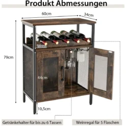 Vintage Weinschrank mit Abnehmbarem Weinregal & Integrierten Glashaltern Rustikales Braun