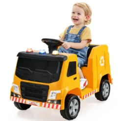 12V Kinder Aufsitz Müllwagen mit Musik Elektroauto mit Vorwärts-/Stop-/Rückwärtsfunktion Gelb